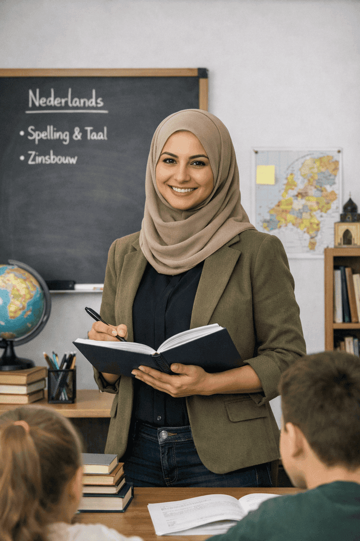 Een vrouwelijke lerares lacht in de klas.